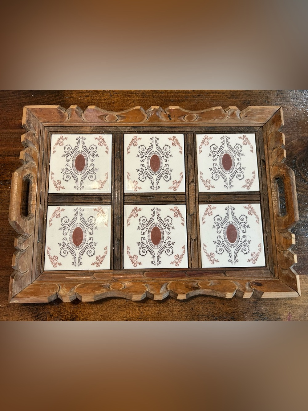 Vintage Hand Carved Rustic Wood & Tile Boho Farmhouse Tray